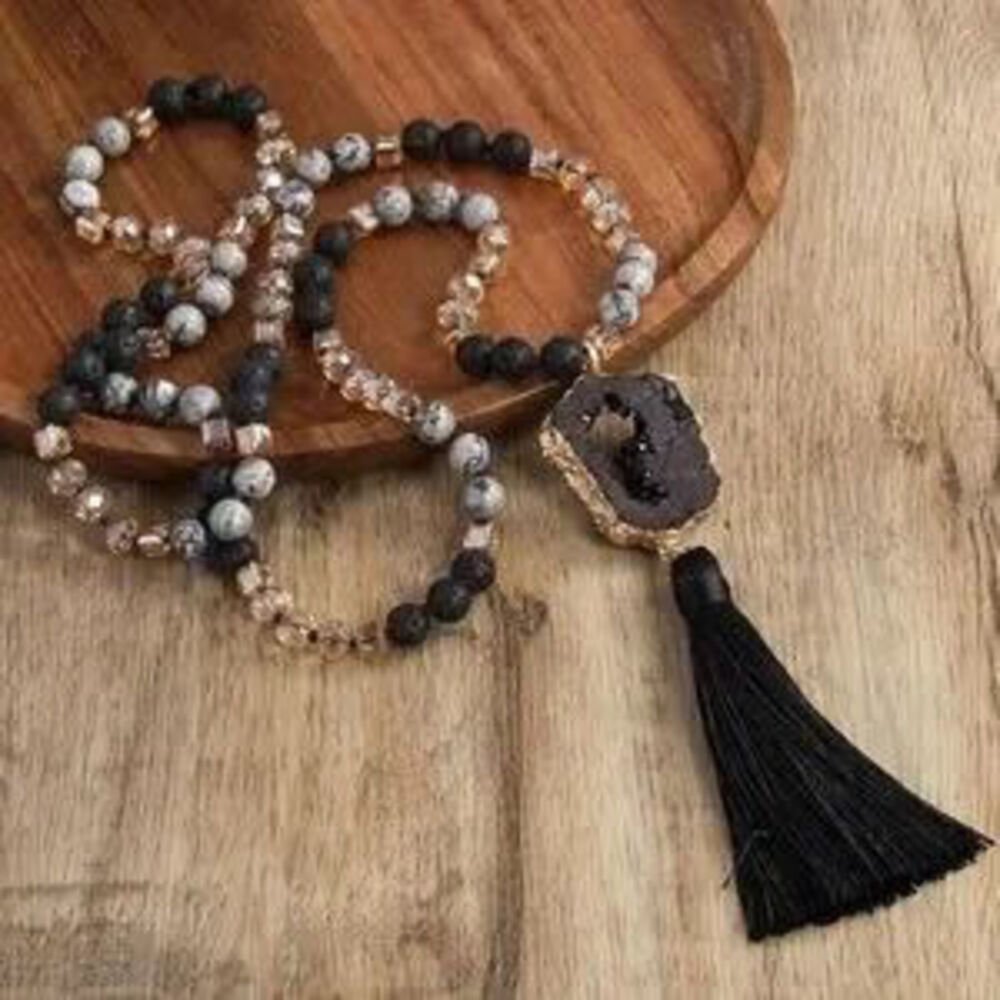 Luxe Druzy Beaded Glass Knot Tassel Long Wrap Necklace